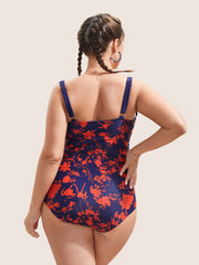 Silhouette Floral Ruched Buckle Detail One Piece Swimsuit