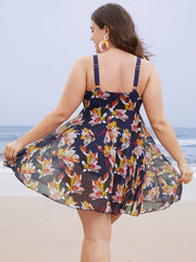 Floral Mesh Surplice Neck Ruffles Swim Dress