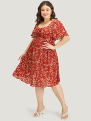 Floral Print Square Neck Ruched Ruffles Drawstring Dress