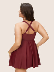Solid Crossover Adjustable Straps Split Hem Swim Dress