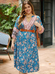 Floral Print Notched Lantern Sleeve Contrast Dress