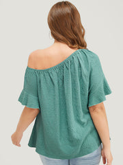 Solid Cut Out Knotted Hem Ruffle Sleeve One Shoulder Blouse