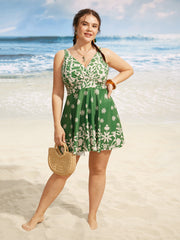 Boho Print Overlap Collar Gathered Swim Dress