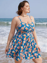 Floral Contrast Crossover Front Ruffles Adjustable Straps Swim Dress