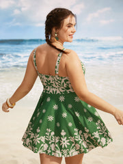 Boho Print Overlap Collar Gathered Swim Dress