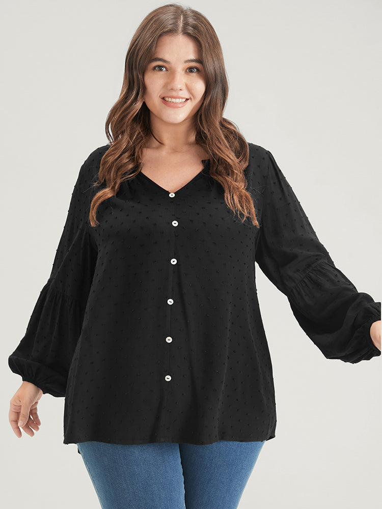 Solid  Button Lantern Sleeve Polka Dot Blouse