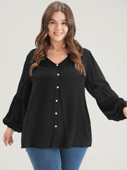 Solid  Button Lantern Sleeve Polka Dot Blouse