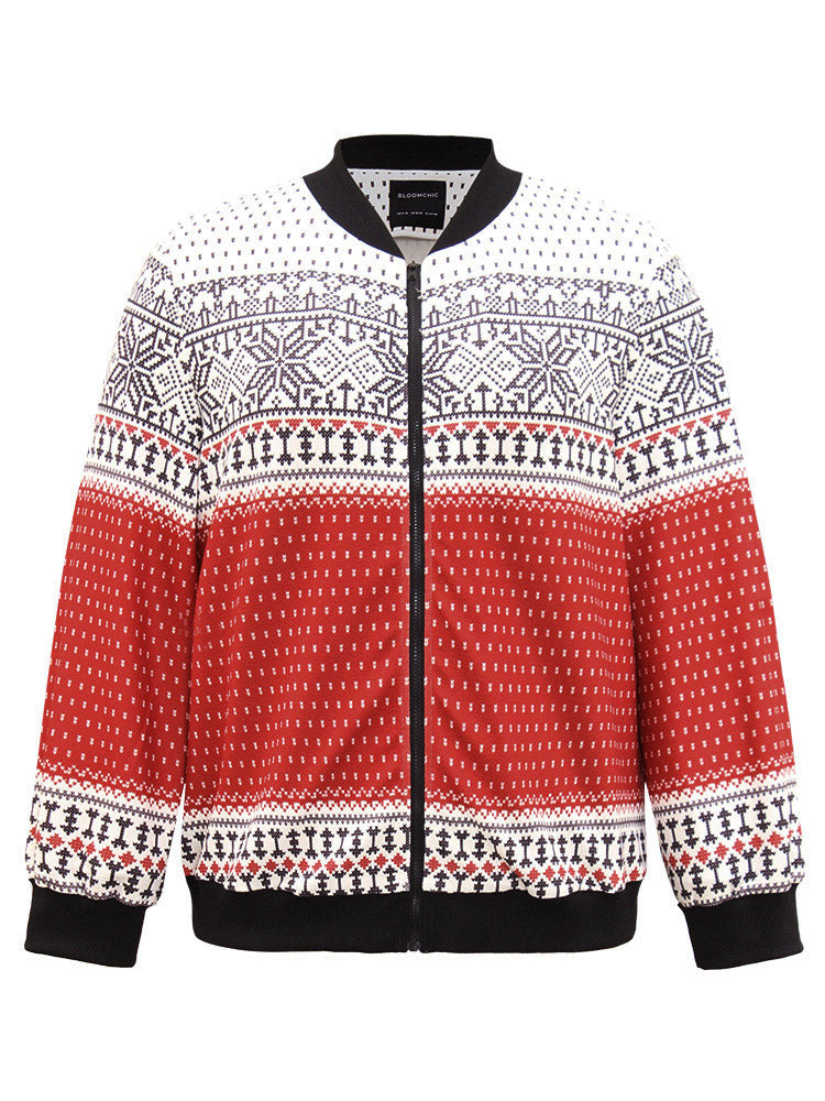Christmas Patchwork Zipper Contrast Jacket
