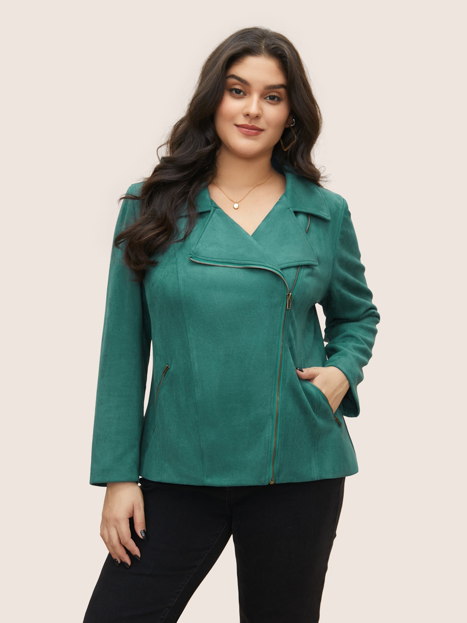 Solid Faux Suede Zipper Lapel Collar Jacket