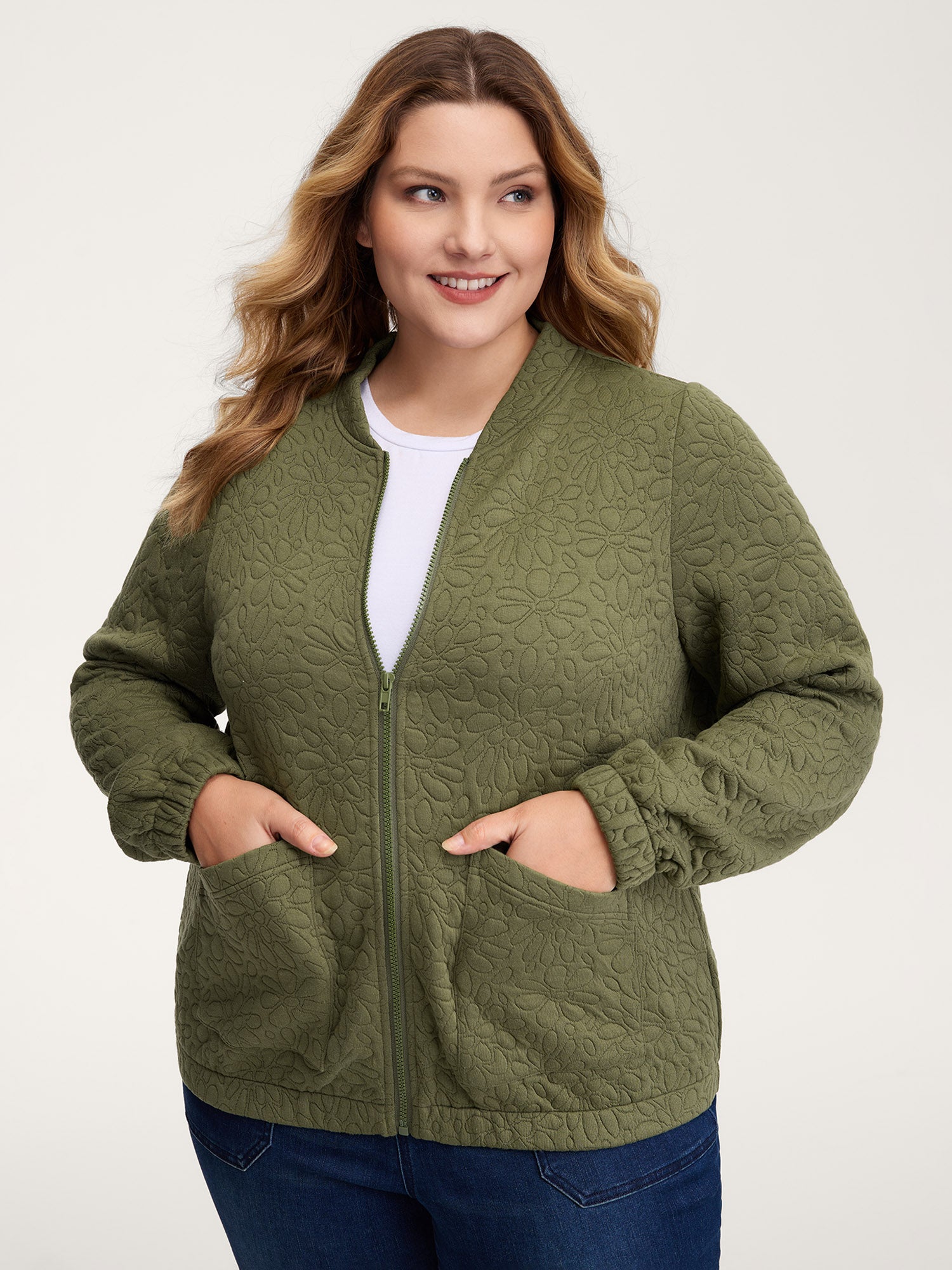 Floral Textured Zipper Front Jacket