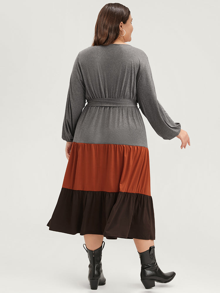 Colorblock Contrast Pocket Wrap Belted Ruffle Tiered Dress