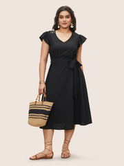 Solid Cut Out Ruffle Cap Sleeve Dress