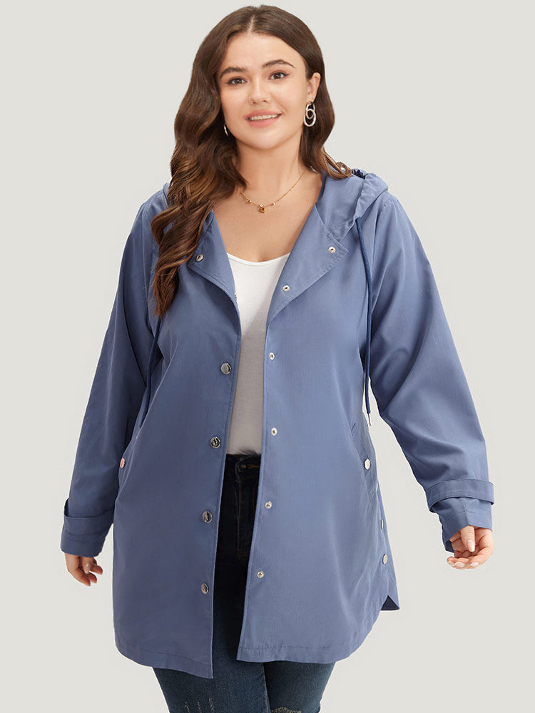Plain Button Detail Hooded Drawstring Coat