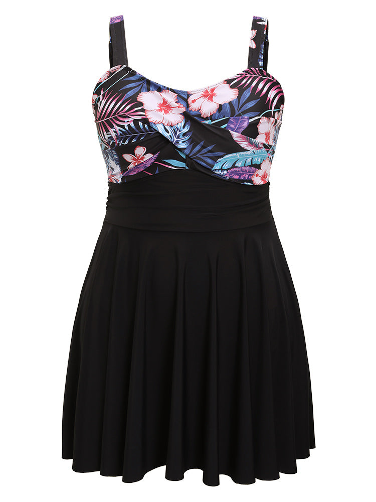 Floral Patchwork Flutter Hem Empire Waist Swim Dress