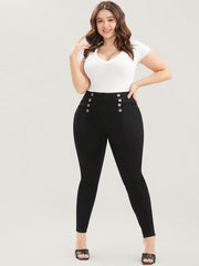 Skinny Slightly Stretchy High Rise Black Wash Button Detail Pocket Jeans