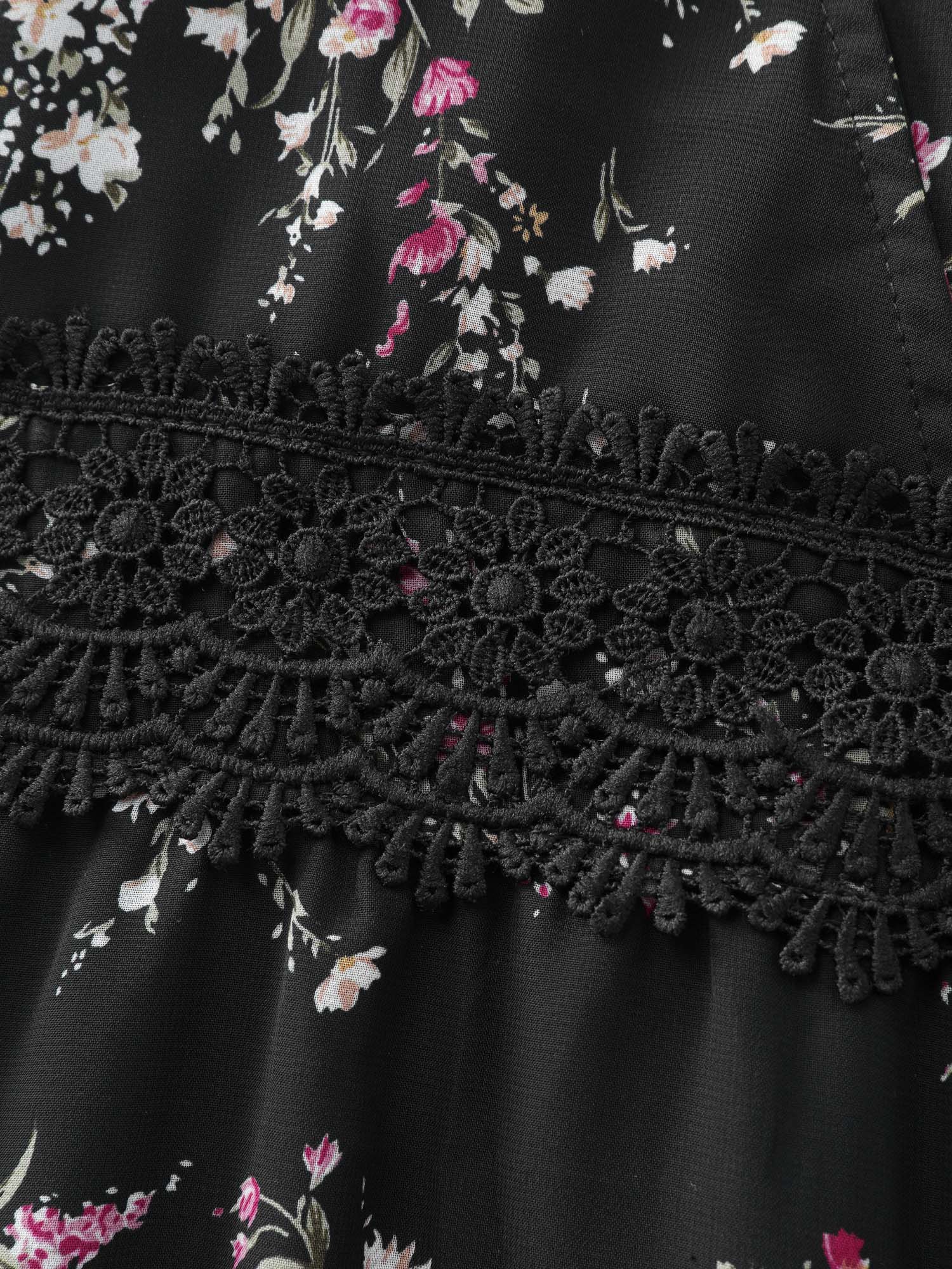 Soft Floral Print Lace Trim Midi Dress