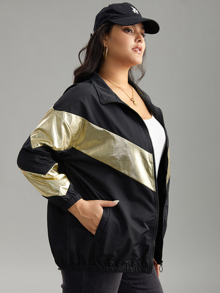 Geometric Patchwork Contrast Zipper Jacket