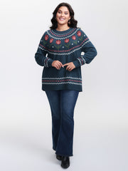 Floral Jacquard Color Contrast Pullover