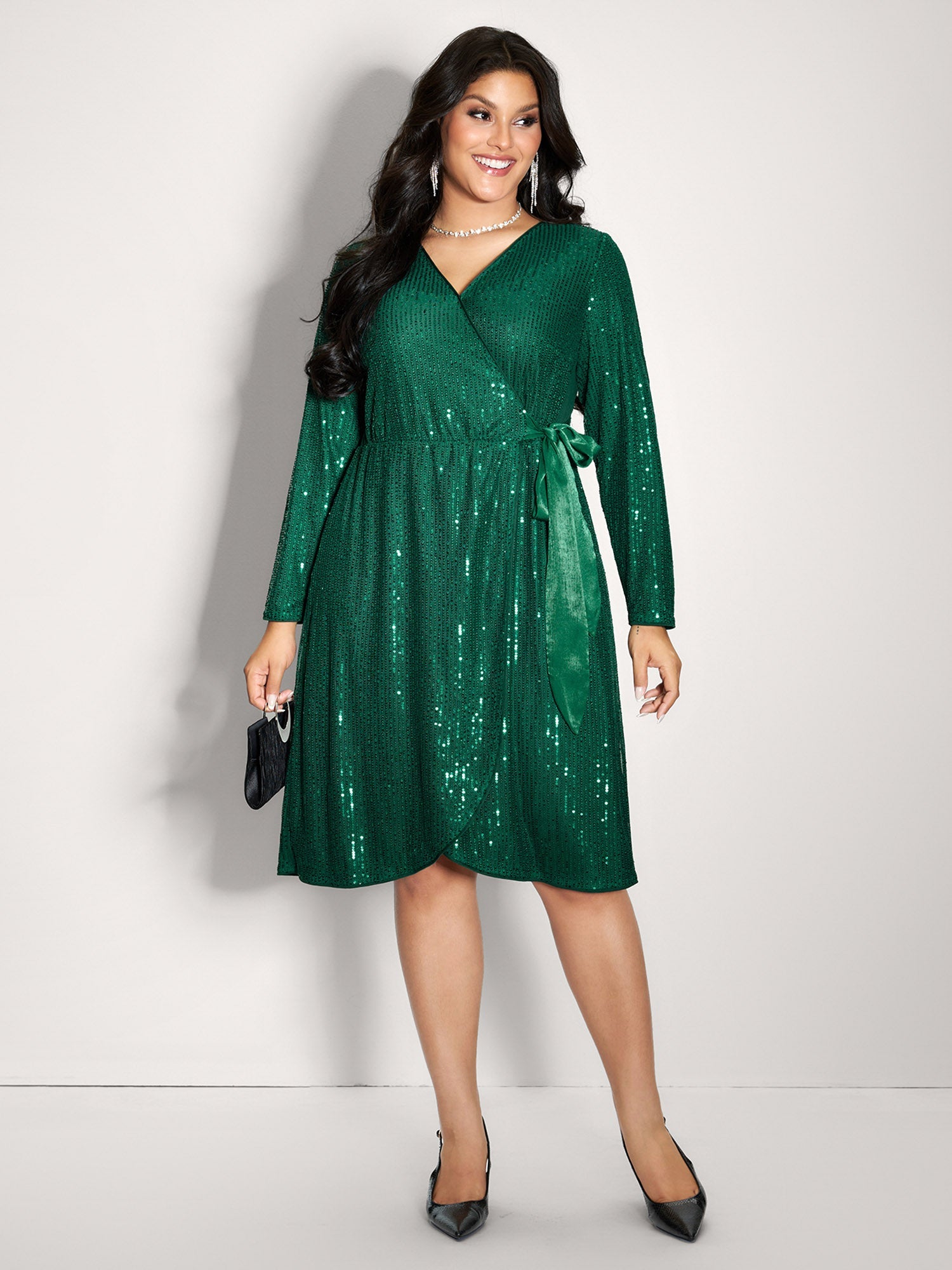 Sequin Wrap Neck Spliced Midi Dress