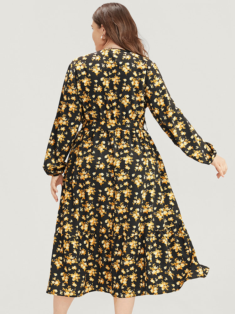 Floral Printed Pocket Lantern Sleeve Belted Wrap Midi Dress