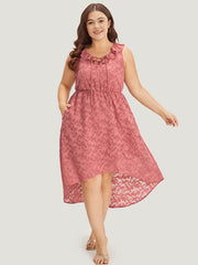 Plain Ruffle Trim Pocket Tie Neck Lace Up Dress