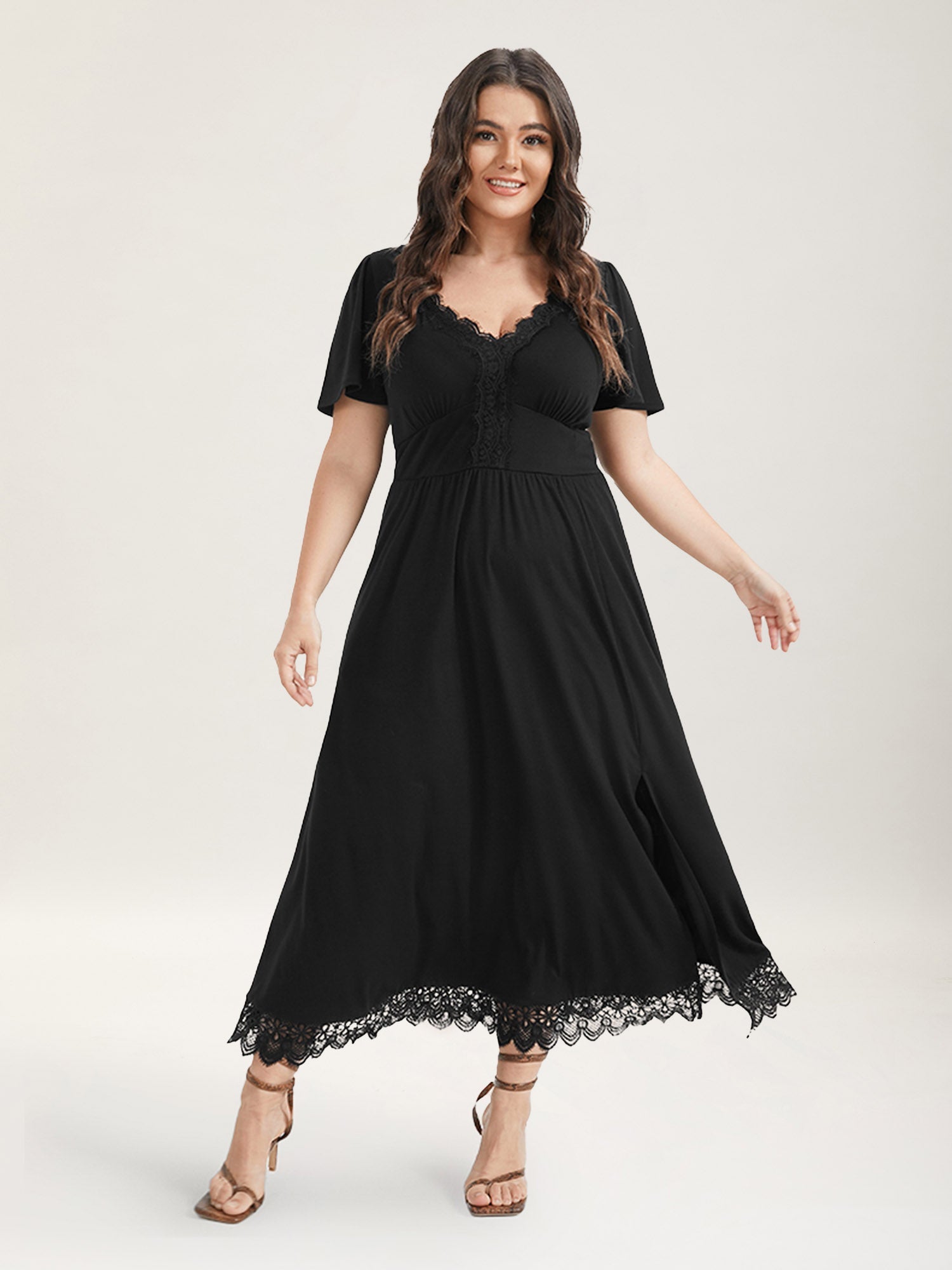 Solid Pocket Contrast Lace Split Maxi Dress