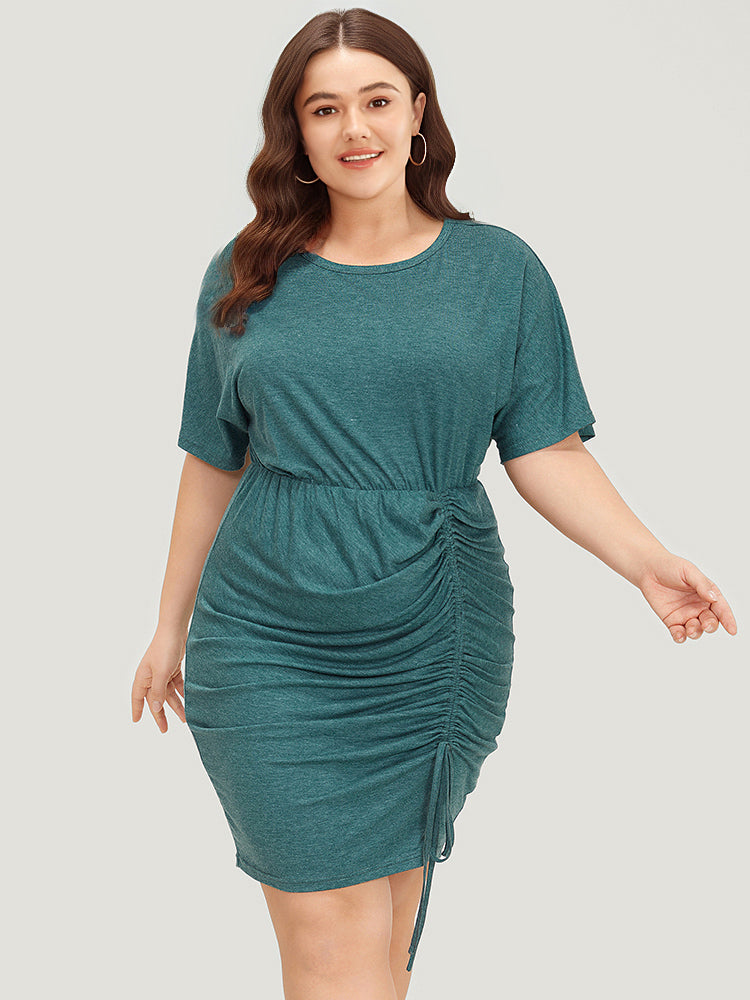 Solid Ruched Drawstring Hem Bodycon Dress