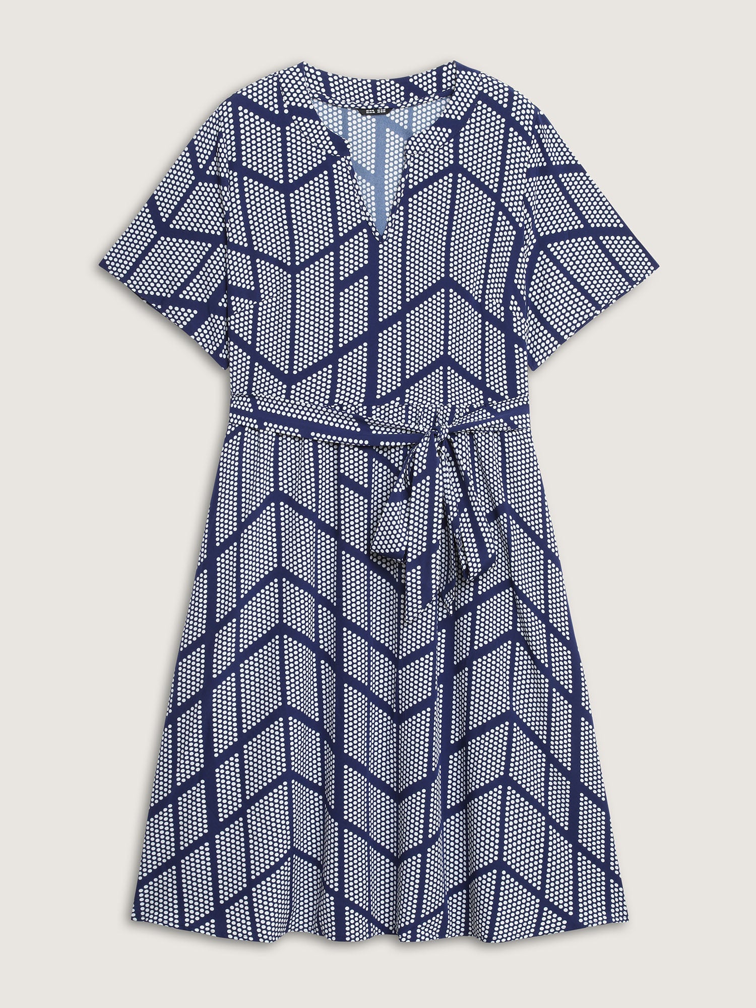 Geometrical Print Notched Collar Belted Midi Dress