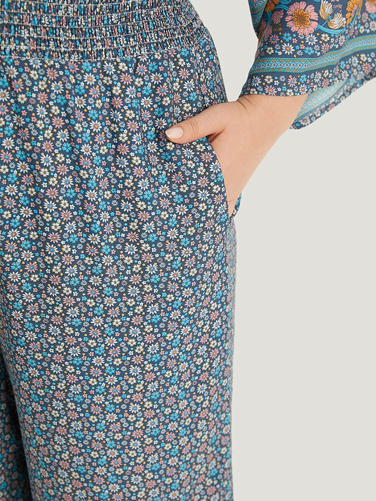 Floral Print Shirred Overlap Collar Jumpsuit