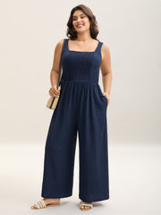 Shirred Pockets Wide-Leg Plain Jumpsuit