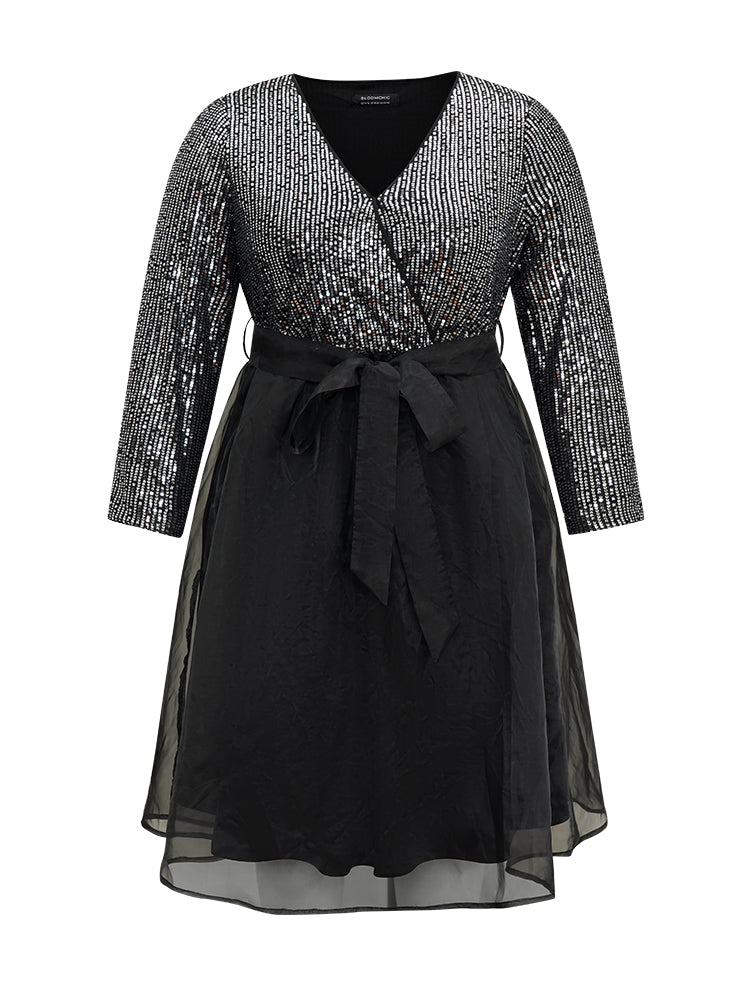 Sequin Mesh Patchwork Wrap Belted Dress