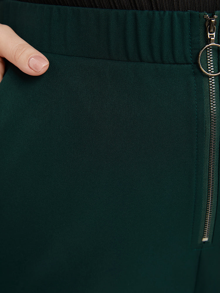 Solid O Ring Zipper Pocket Elastic Waist Wide Leg Pants