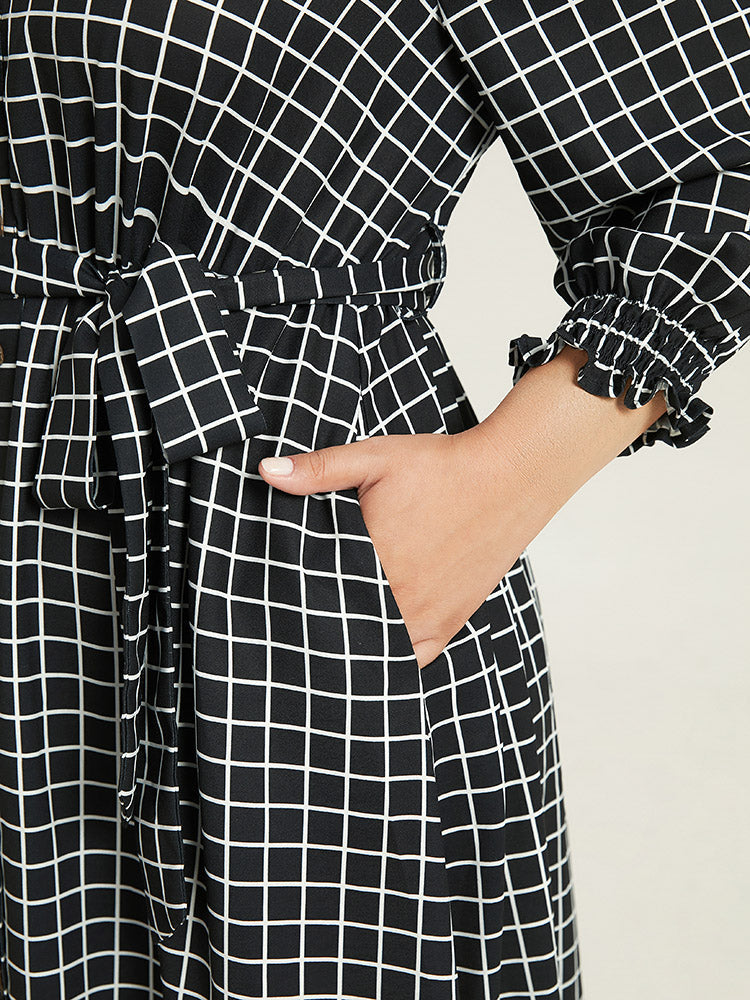 Gingham Button Detail Pocket Lantern Sleeve Dress
