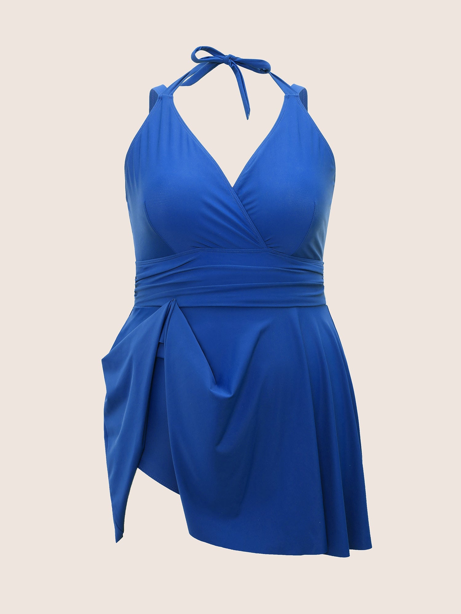 Solid Ruffle Hem Empire Waist Halter Neck Swim Dress