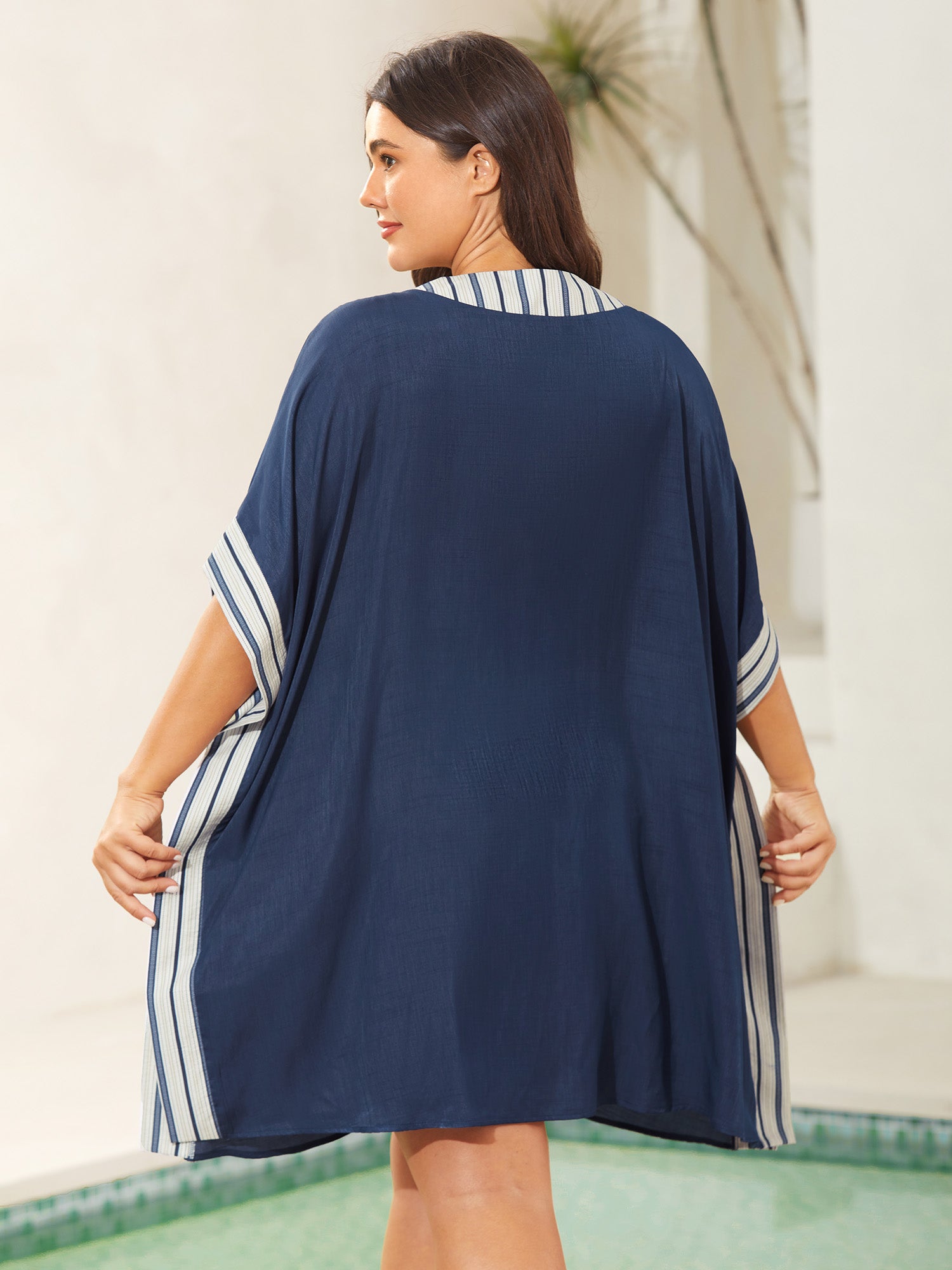 Striped Hem Tassel Solid Kimono