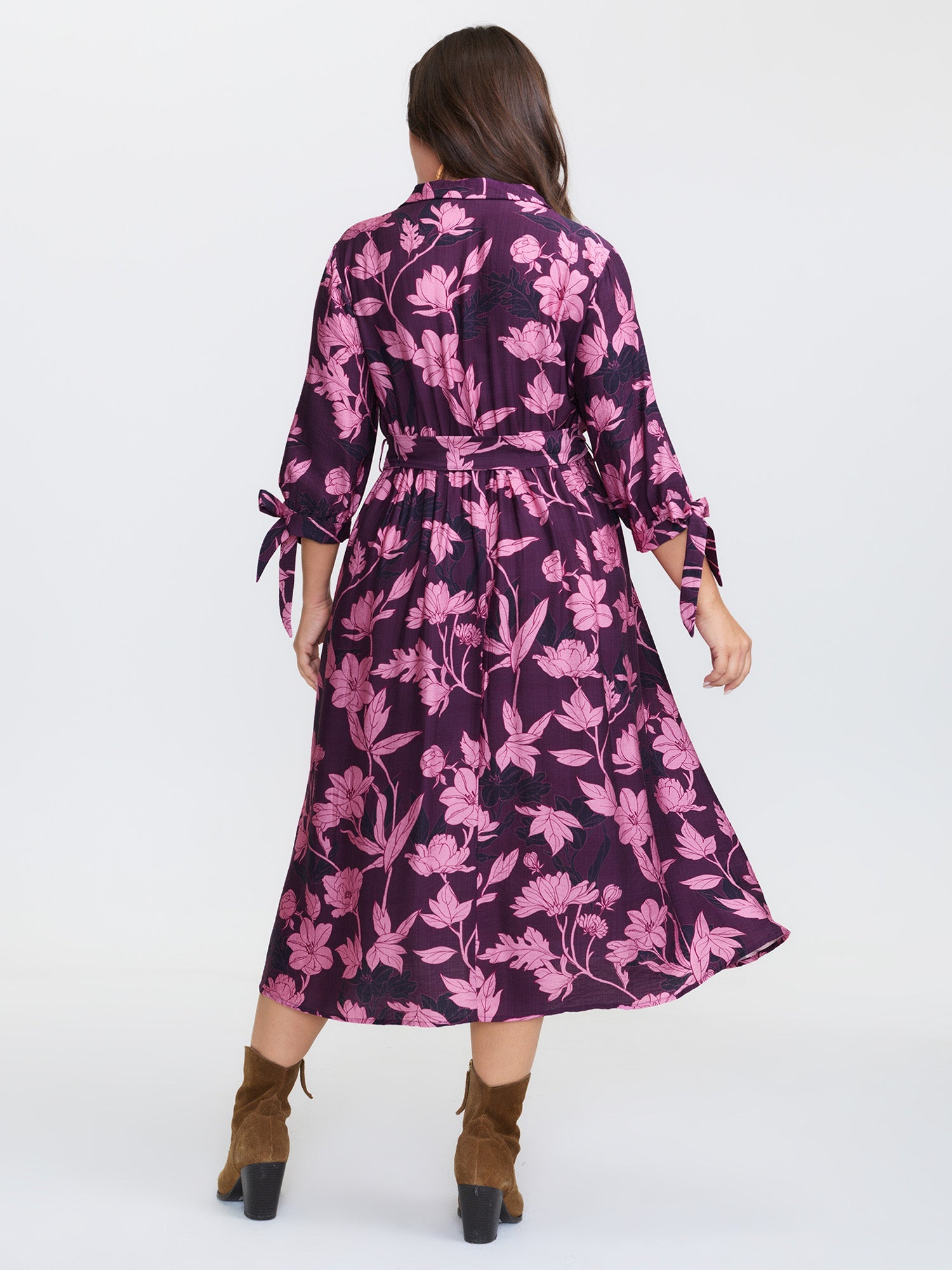 Silhouette Flower Stretchy Waist Tie Midi Dress
