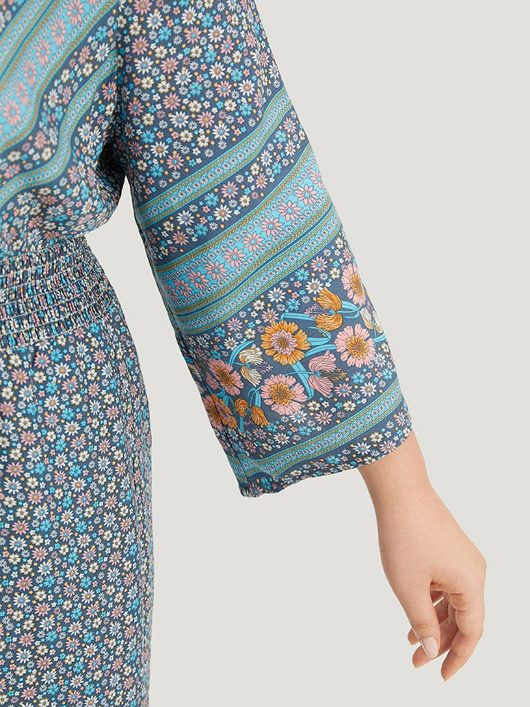 Floral Print Shirred Overlap Collar Jumpsuit