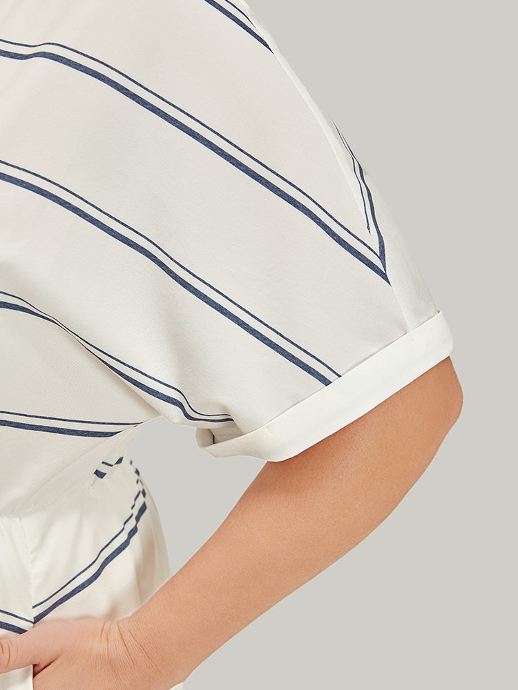 Striped Notched Neck Pocket Roll Batwing Sleeve Dress