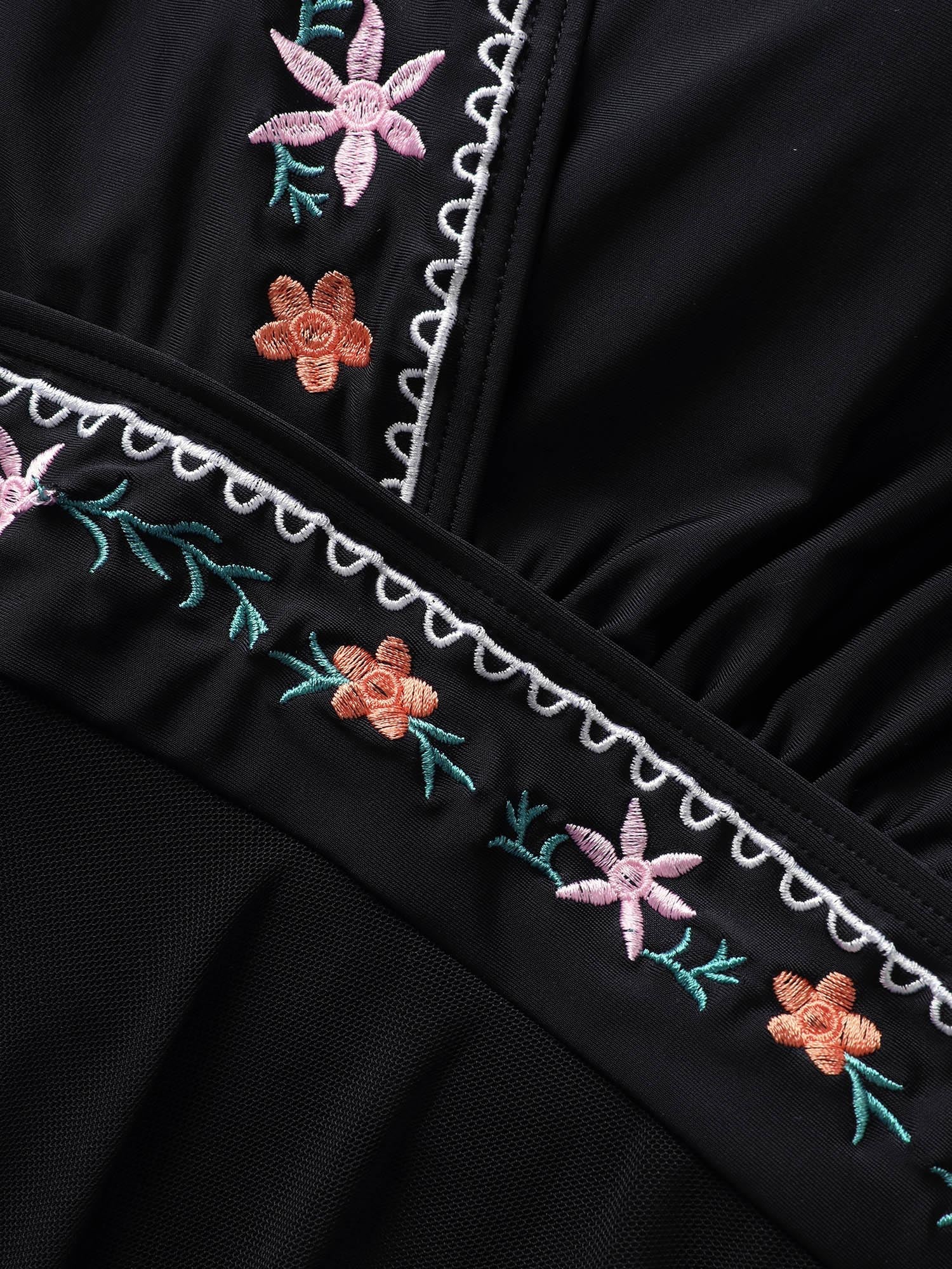 Floral Embroidered Overlap Collar Swim Dress