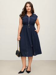 Half Zipper Pockets Belted Midi Dress