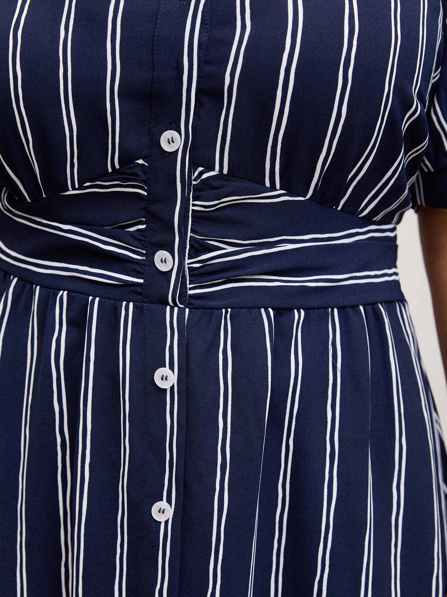 Striped Waist-Cinched Pockets Midi Dress