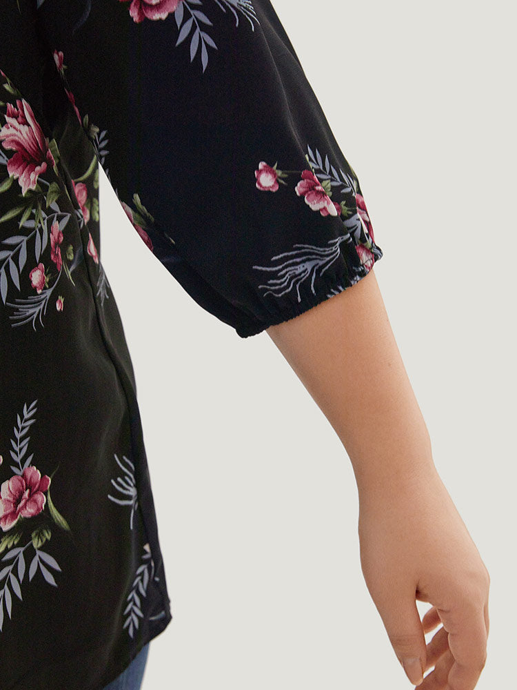 Floral Print Lace Up Lantern Sleeve Blouse