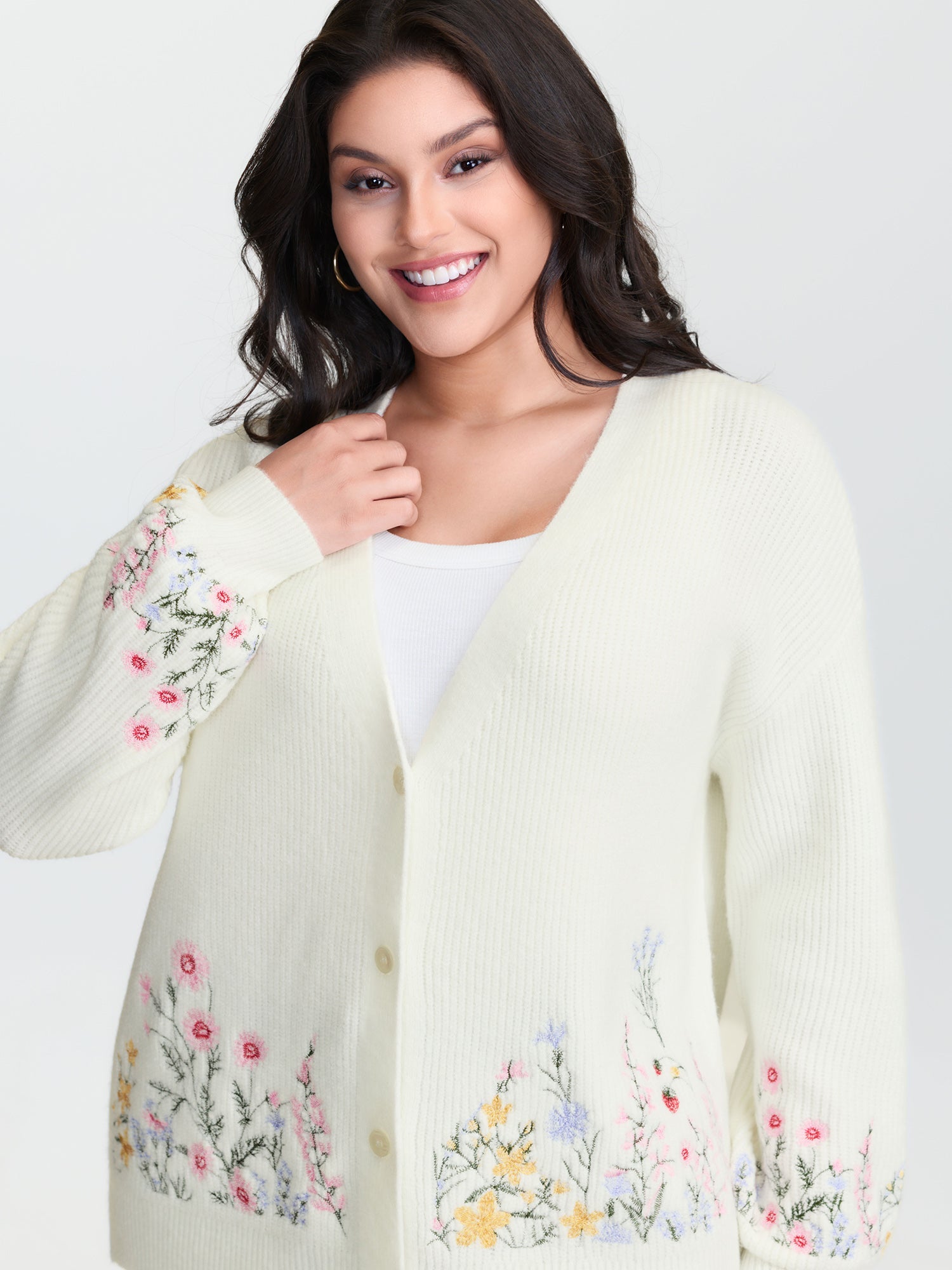 Floral Embroidery Drop Shoulder Knit Cardigan