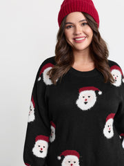 Santa Claus Print Embroidered Textured Sweater Dress