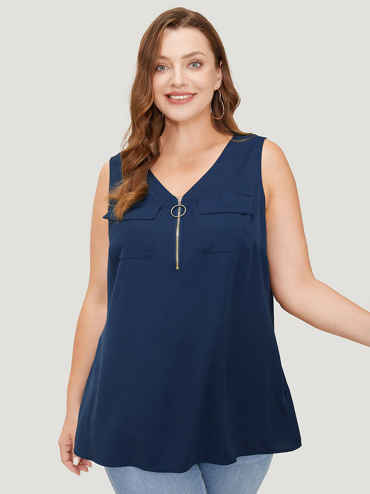 Solid Half Zipper Flap Detail Tank Top