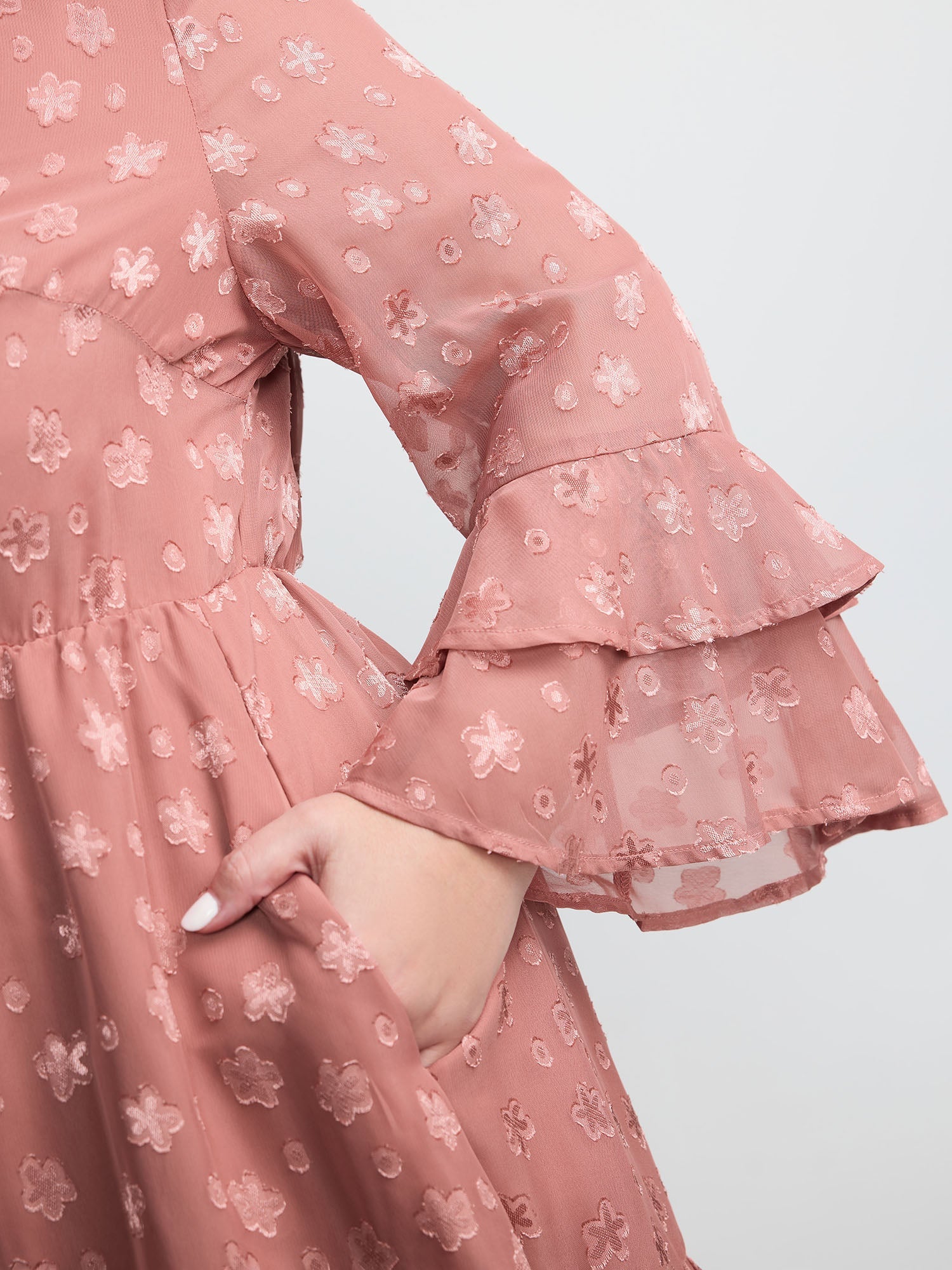 Floral Textured Layered Sleeve Sheer Mini Dress