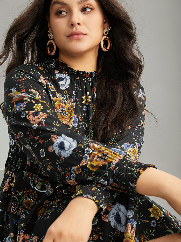 Floral Print Shirred Gathered Stand Collar Dress