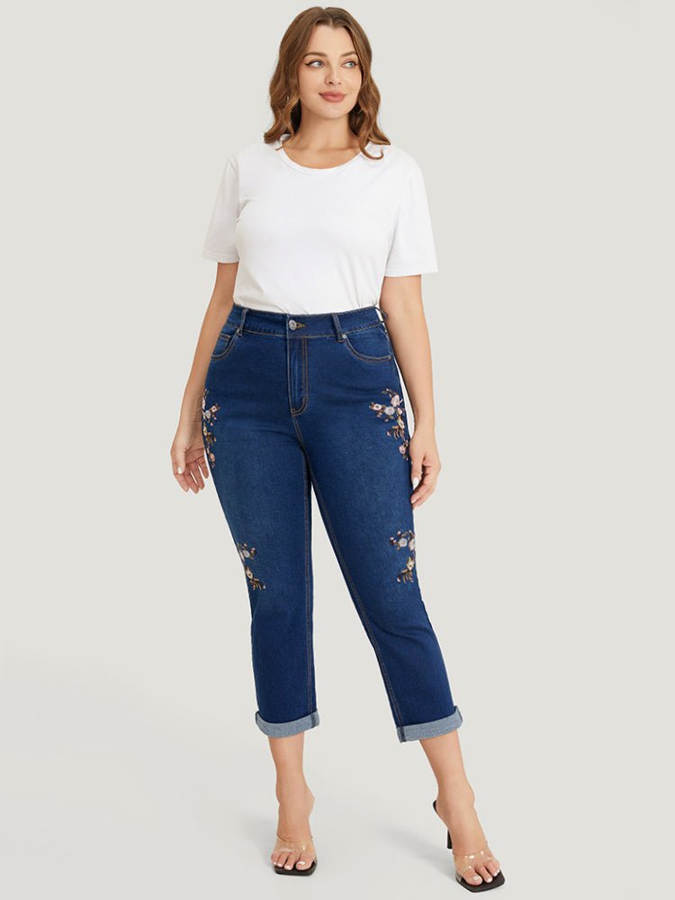 Straight Leg Very Stretchy Dark Wash Floral Embroidered Jeans