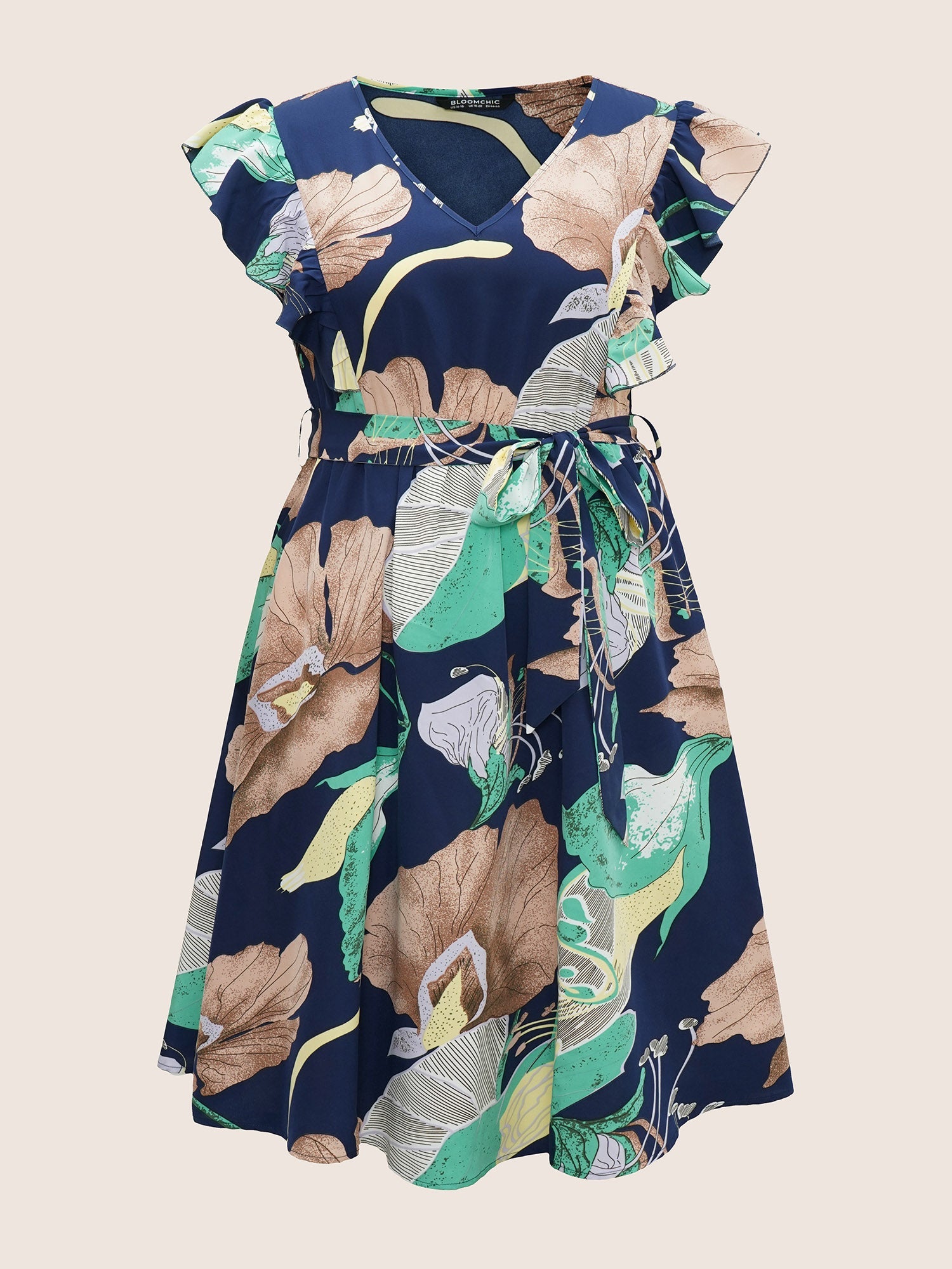Floral Print Flutter Sleeve Belted Midi Dress
