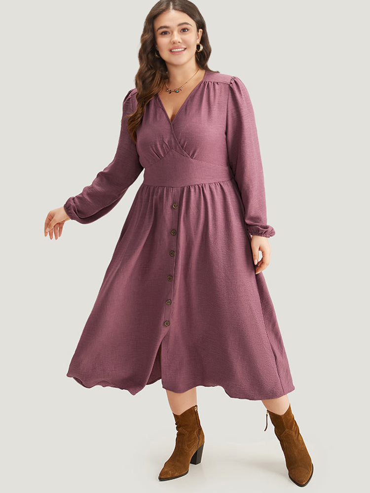 Twill Gathered Button Detail Lantern Sleeve Dress